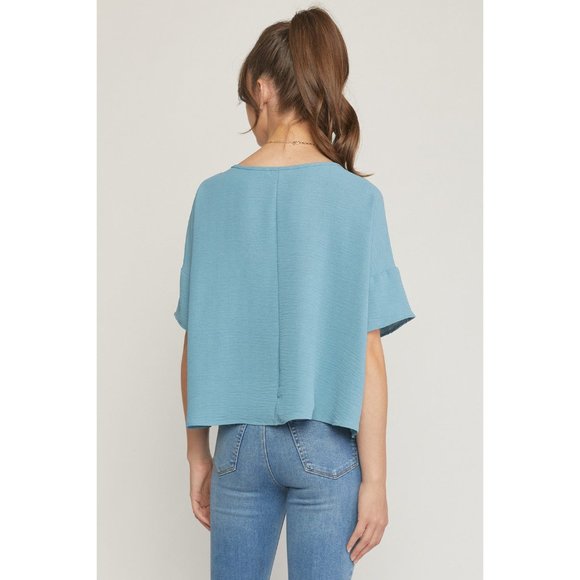 Entro Round Neck Babydoll Top, Blue - Picture 4 of 7